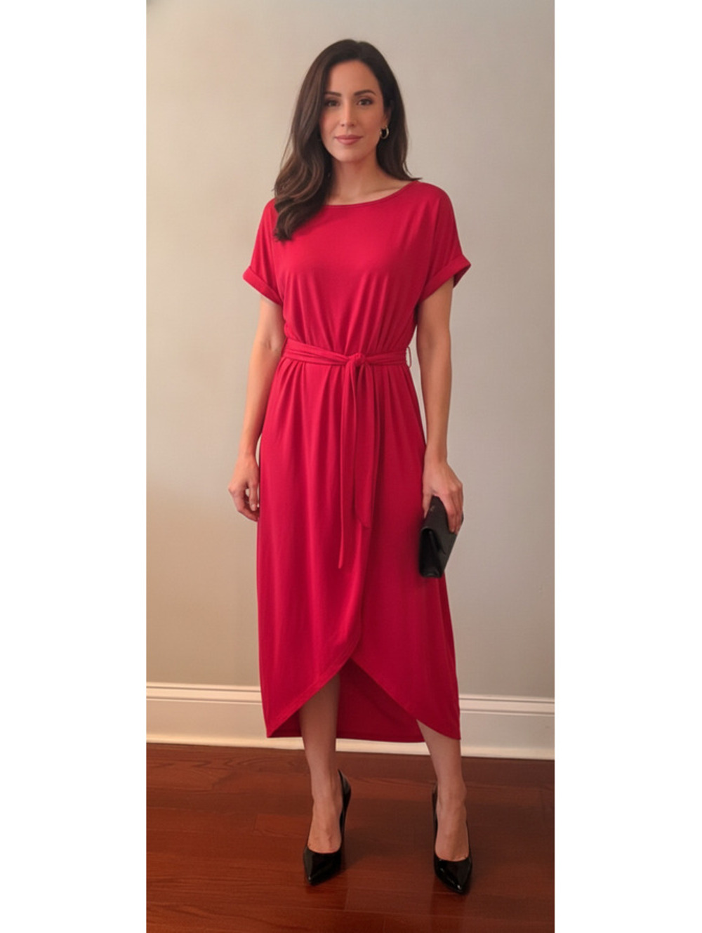 Qearal Red Midi Dress with Belted Waist, Size Large